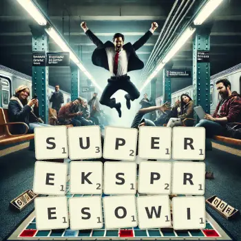 Kreatywna ilustracja do gry w Scrabble ze słowem SUPEREKSPRESOWI ułożonym z płytek na planszy.