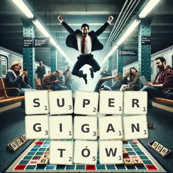 Kreatywna ilustracja do gry w Scrabble ze słowem SUPERGIGANTÓW ułożonym z płytek na planszy.