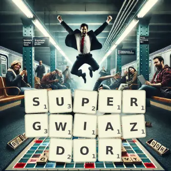 Kreatywna ilustracja do gry w Scrabble ze słowem SUPERGWIAZDOR ułożonym z płytek na planszy.