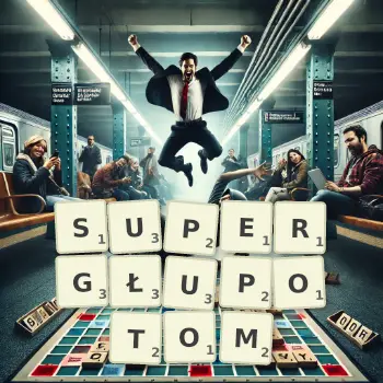 Kreatywna ilustracja do gry w Scrabble ze słowem SUPERGŁUPOTOM ułożonym z płytek na planszy.