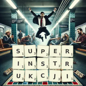 Kreatywna ilustracja do gry w Scrabble ze słowem SUPERINSTRUKCJI ułożonym z płytek na planszy.
