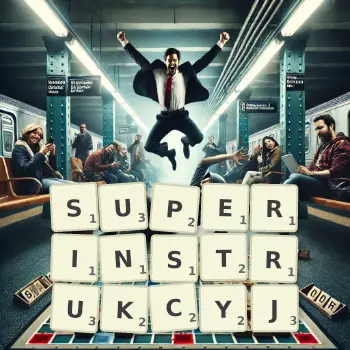 Kreatywna ilustracja do gry w Scrabble ze słowem SUPERINSTRUKCYJ ułożonym z płytek na planszy.