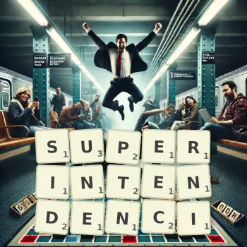 Kreatywna ilustracja do gry w Scrabble ze słowem SUPERINTENDENCI ułożonym z płytek na planszy.