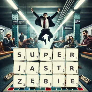 Kreatywna ilustracja do gry w Scrabble ze słowem SUPERJASTRZĘBIE ułożonym z płytek na planszy.