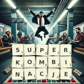 Kreatywna ilustracja do gry w Scrabble ze słowem SUPERKOMBINACJE ułożonym z płytek na planszy.