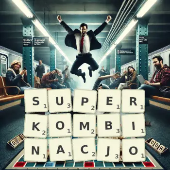 Kreatywna ilustracja do gry w Scrabble ze słowem SUPERKOMBINACJO ułożonym z płytek na planszy.
