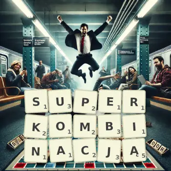 Kreatywna ilustracja do gry w Scrabble ze słowem SUPERKOMBINACJĄ ułożonym z płytek na planszy.