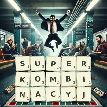 Kreatywna ilustracja do gry w Scrabble ze słowem SUPERKOMBINACYJ ułożonym z płytek na planszy.