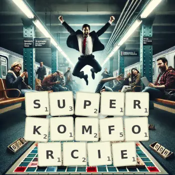 Kreatywna ilustracja do gry w Scrabble ze słowem SUPERKOMFORCIE ułożonym z płytek na planszy.