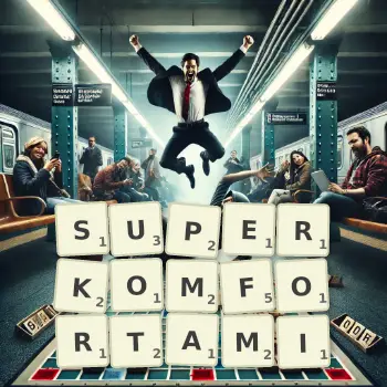 Kreatywna ilustracja do gry w Scrabble ze słowem SUPERKOMFORTAMI ułożonym z płytek na planszy.