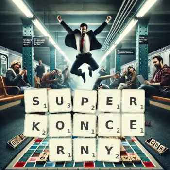 Kreatywna ilustracja do gry w Scrabble ze słowem SUPERKONCERNY ułożonym z płytek na planszy.
