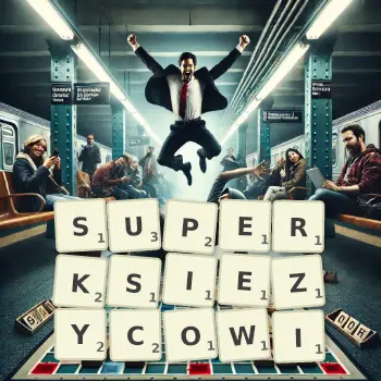 Kreatywna ilustracja do gry w Scrabble ze słowem SUPERKSIEZYCOWI ułożonym z płytek na planszy.