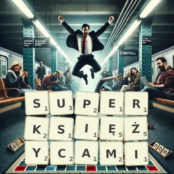 Kreatywna ilustracja do gry w Scrabble ze słowem SUPERKSIĘŻYCAMI ułożonym z płytek na planszy.