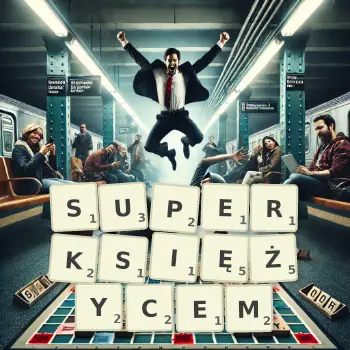 Kreatywna ilustracja do gry w Scrabble ze słowem SUPERKSIĘŻYCEM ułożonym z płytek na planszy.
