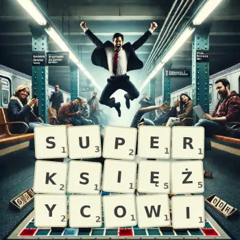 Kreatywna ilustracja do gry w Scrabble ze słowem SUPERKSIĘŻYCOWI ułożonym z płytek na planszy.