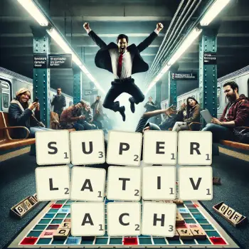 Kreatywna ilustracja do gry w Scrabble ze słowem SUPERLATIVACH ułożonym z płytek na planszy.
