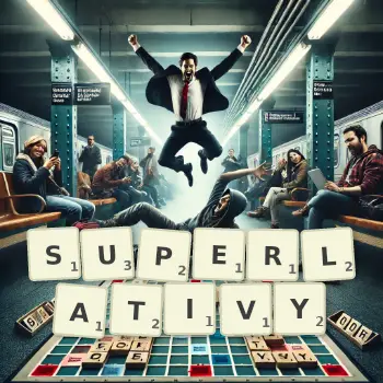 Kreatywna ilustracja do gry w Scrabble ze słowem SUPERLATIVY ułożonym z płytek na planszy.