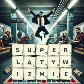 Kreatywna ilustracja do gry w Scrabble ze słowem SUPERLATYWIZMIE ułożonym z płytek na planszy.