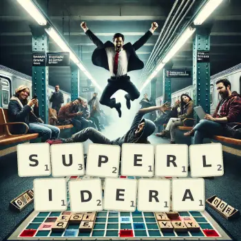 Kreatywna ilustracja do gry w Scrabble ze słowem SUPERLIDERA ułożonym z płytek na planszy.