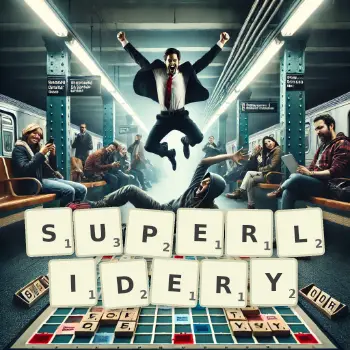 Kreatywna ilustracja do gry w Scrabble ze słowem SUPERLIDERY ułożonym z płytek na planszy.