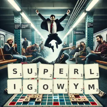 Kreatywna ilustracja do gry w Scrabble ze słowem SUPERLIGOWYM ułożonym z płytek na planszy.