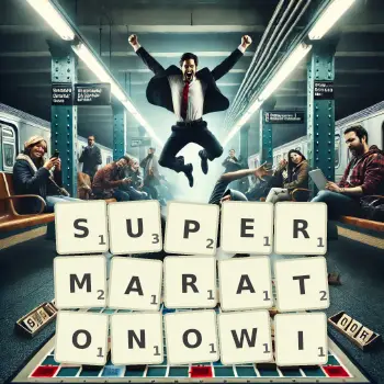 Kreatywna ilustracja do gry w Scrabble ze słowem SUPERMARATONOWI ułożonym z płytek na planszy.