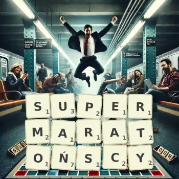 Kreatywna ilustracja do gry w Scrabble ze słowem SUPERMARATOŃSCY ułożonym z płytek na planszy.