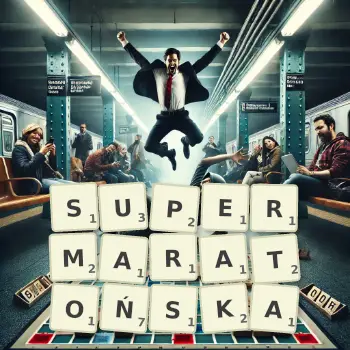 Kreatywna ilustracja do gry w Scrabble ze słowem SUPERMARATOŃSKA ułożonym z płytek na planszy.