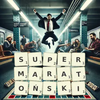 Kreatywna ilustracja do gry w Scrabble ze słowem SUPERMARATOŃSKI ułożonym z płytek na planszy.