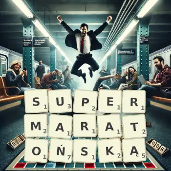 Kreatywna ilustracja do gry w Scrabble ze słowem SUPERMARATOŃSKĄ ułożonym z płytek na planszy.