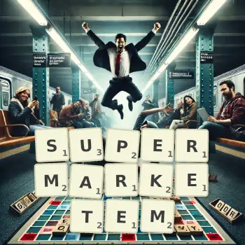 Kreatywna ilustracja do gry w Scrabble ze słowem SUPERMARKETEM ułożonym z płytek na planszy.