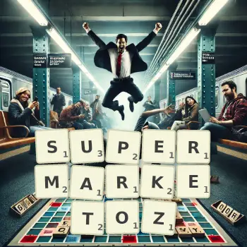 Kreatywna ilustracja do gry w Scrabble ze słowem SUPERMARKETOZ ułożonym z płytek na planszy.