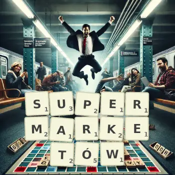 Kreatywna ilustracja do gry w Scrabble ze słowem SUPERMARKETÓW ułożonym z płytek na planszy.
