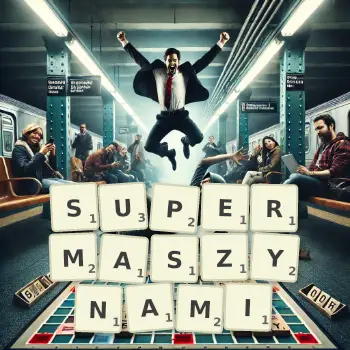 Kreatywna ilustracja do gry w Scrabble ze słowem SUPERMASZYNAMI ułożonym z płytek na planszy.