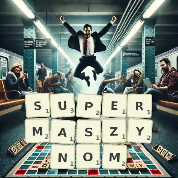 Kreatywna ilustracja do gry w Scrabble ze słowem SUPERMASZYNOM ułożonym z płytek na planszy.