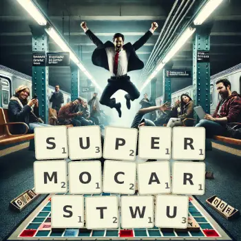 Kreatywna ilustracja do gry w Scrabble ze słowem SUPERMOCARSTWU ułożonym z płytek na planszy.