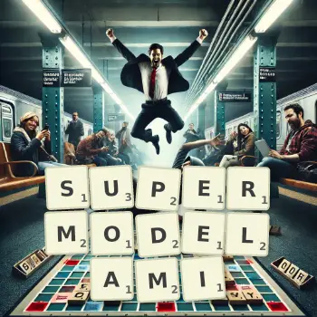 Kreatywna ilustracja do gry w Scrabble ze słowem SUPERMODELAMI ułożonym z płytek na planszy.