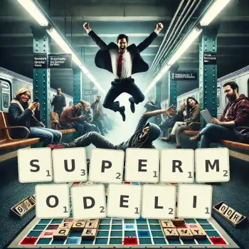 Kreatywna ilustracja do gry w Scrabble ze słowem SUPERMODELI ułożonym z płytek na planszy.