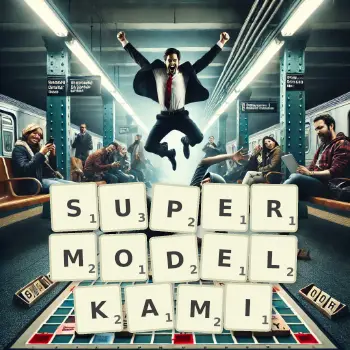 Kreatywna ilustracja do gry w Scrabble ze słowem SUPERMODELKAMI ułożonym z płytek na planszy.