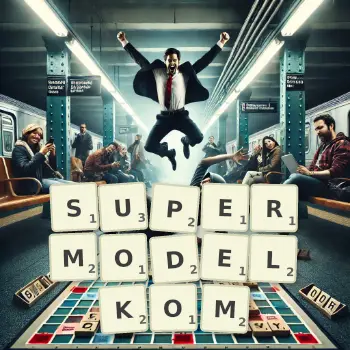 Kreatywna ilustracja do gry w Scrabble ze słowem SUPERMODELKOM ułożonym z płytek na planszy.