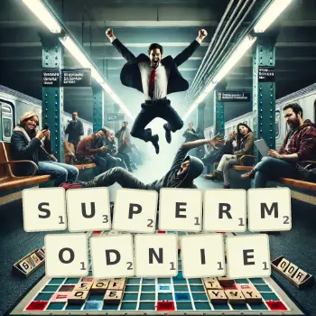 Kreatywna ilustracja do gry w Scrabble ze słowem SUPERMODNIE ułożonym z płytek na planszy.