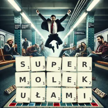 Kreatywna ilustracja do gry w Scrabble ze słowem SUPERMOLEKUŁAMI ułożonym z płytek na planszy.