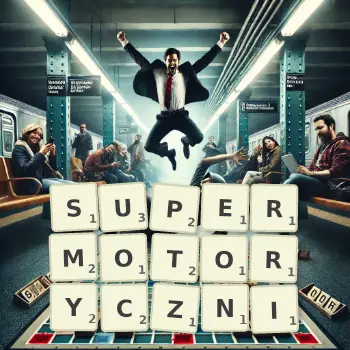 Kreatywna ilustracja do gry w Scrabble ze słowem SUPERMOTORYCZNI ułożonym z płytek na planszy.