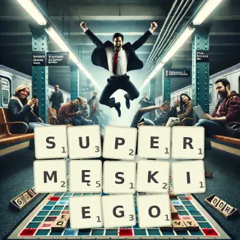 Kreatywna ilustracja do gry w Scrabble ze słowem SUPERMĘSKIEGO ułożonym z płytek na planszy.