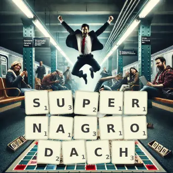 Kreatywna ilustracja do gry w Scrabble ze słowem SUPERNAGRODACH ułożonym z płytek na planszy.