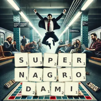 Kreatywna ilustracja do gry w Scrabble ze słowem SUPERNAGRODAMI ułożonym z płytek na planszy.