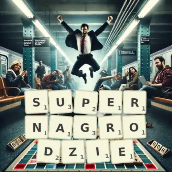 Kreatywna ilustracja do gry w Scrabble ze słowem SUPERNAGRODZIE ułożonym z płytek na planszy.