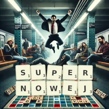 Kreatywna ilustracja do gry w Scrabble ze słowem SUPERNOWEJ ułożonym z płytek na planszy.