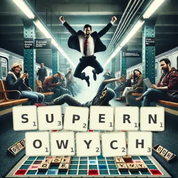 Kreatywna ilustracja do gry w Scrabble ze słowem SUPERNOWYCH ułożonym z płytek na planszy.