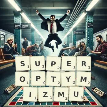 Kreatywna ilustracja do gry w Scrabble ze słowem SUPEROPTYMIZMU ułożonym z płytek na planszy.